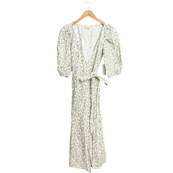 NWT Reformation Mint Floral Print Linen Wrap Midi Dress White Green - Picture 2 of 7